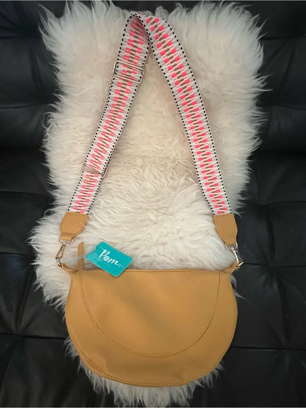POM Peace of Mind Vegan Saddle Crossbody Bag NWT Mustard Tan